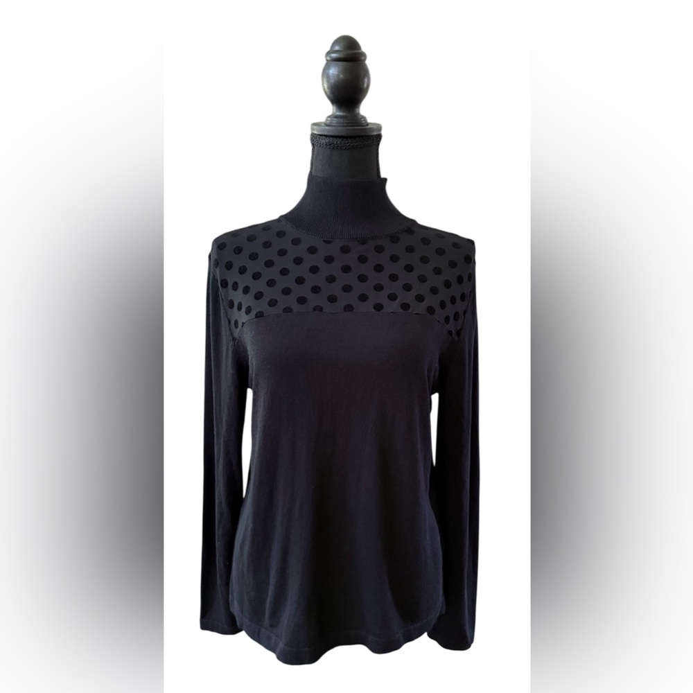 August Silk: Black Mock Neck Sweater Blouse with Polka Upper Contrast